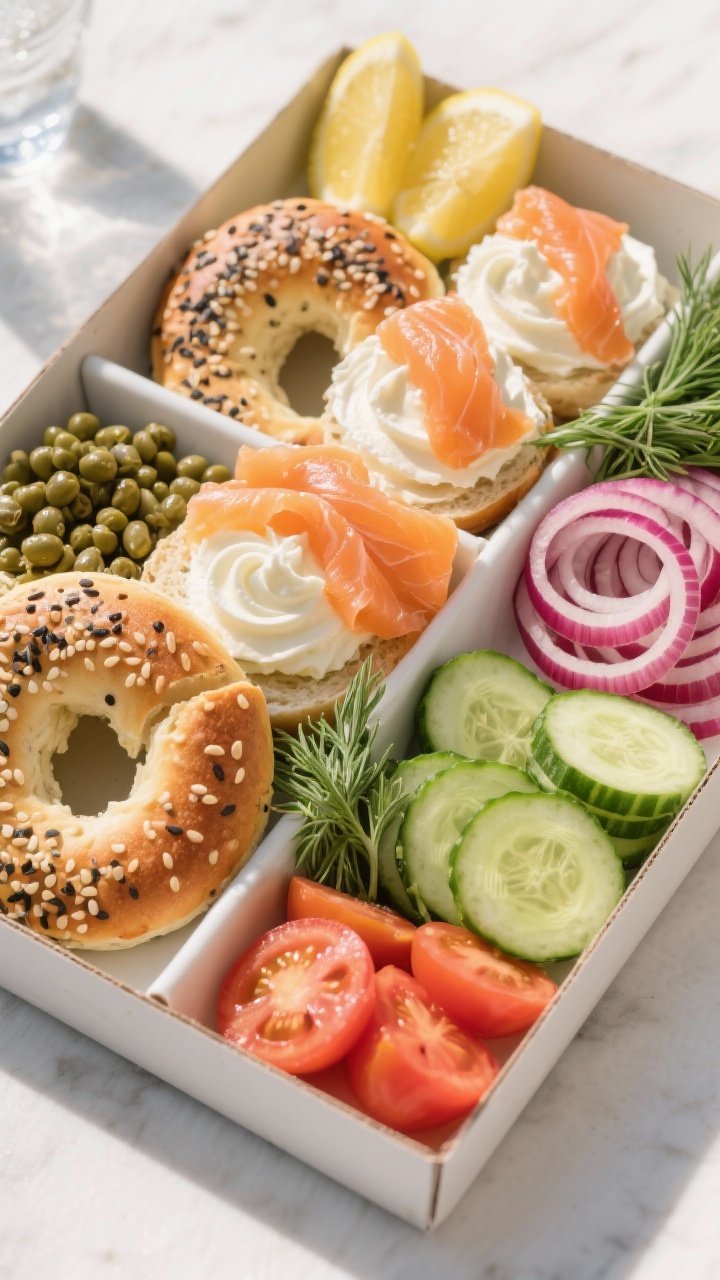 A 45-degree angle platter shot of a compact “bagel board in a box”: everything and sesame bagels halved and fanned, silky smoked salmon ribbons, whipped cream cheese swirls, capers, thin red onion rings, English cucumber coins, and ripe tomato slices arranged neatly in compartments; lemon wedges and dill sprigs tucked in; clean, appetizing styling with bright, crisp morning light.