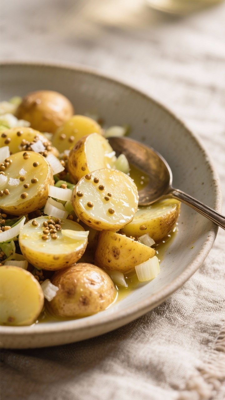 A 45-degree angle shot of a no-mayo Dijon potato salad in a wide shallow bowl: halved baby gold potatoes dressed warm with white wine vinegar, Dijon and whole grain mustard, minced shallot, and extra-virgin olive oil, seasoned with kosher salt; visible mustard seeds, silky sheen on potatoes, a spoon tucked in, neutral linen underneath for a rustic picnic feel.