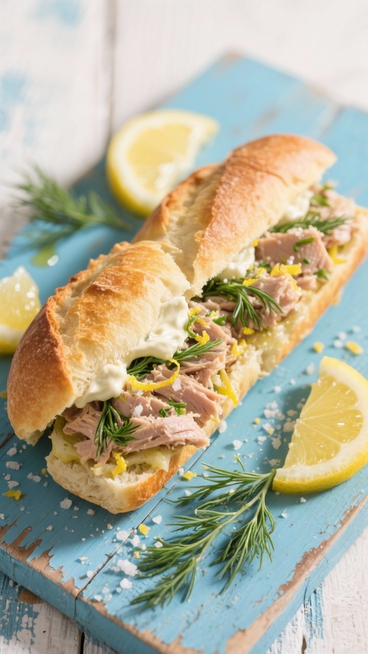A 45-degree angle shot of Coastal Crunch Sandwiches: a split, lightly toasted baguette piled with tuna in olive oil, lemon zest, lemon-herb aioli (mayonnaise, olive oil, fresh dill), and crackled sea salt, with lemon wedges and extra dill sprigs on a weathered coastal-blue board, crumbs and olive oil sheen visible, bright natural light, crisp textures emphasized.