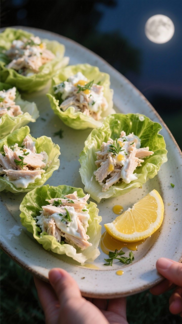 A 45-degree angle shot of Moonbeam Herbed Chicken Salad Lettuce Wraps arranged on a shallow ceramic platter: butter lettuce cups filled with shredded chicken bound with Greek yogurt, mayonnaise, Dijon mustard, lemon juice, honey, and a pinch of kosher salt; flecks of fresh herbs visible, lemon wedge and tiny drizzle trails, clean and handheld, no utensils, soft evening light for a casual moonlit picnic feel.