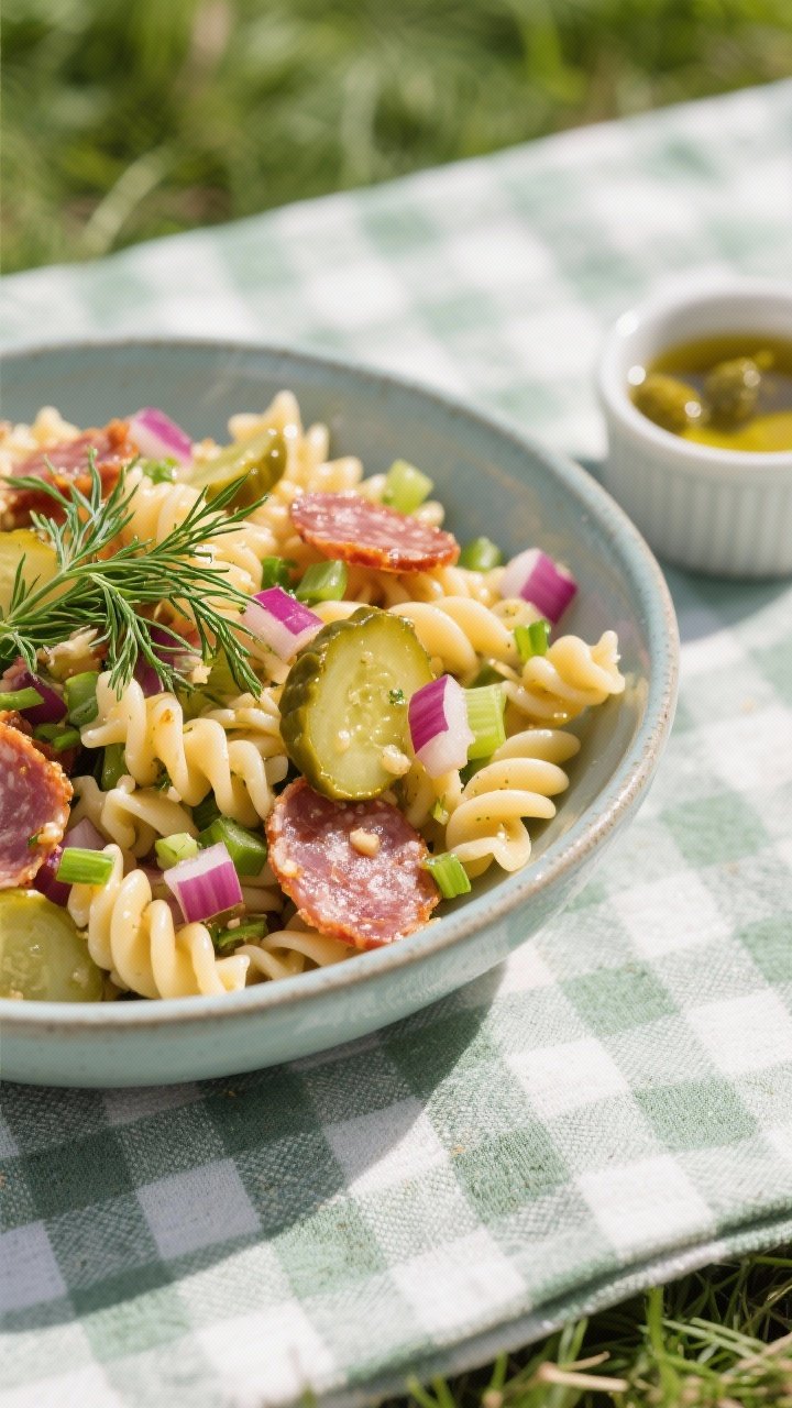 A 45-degree bowl shot of dill pickle pasta salad with crispy salami: cavatappi coated in tangy pickle brine dressing, studded with chopped dill pickles, seared chopped salami shards, finely diced red onion, and finely chopped celery; dill fronds sprinkled on top, a small ramekin of extra pickle brine to the side, cool-toned ceramic bowl on a picnic gingham cloth.