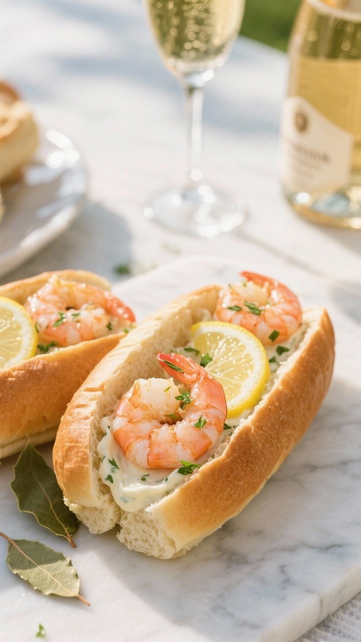 A 45-degree close-up of champagne-poached shrimp tucked into buttery brioche split-top rolls, overflowing with lemon-herb aioli; plump pink shrimp, thin lemon slices, and flecks of fresh herbs visible, with bay leaves and a coupe of dry champagne in the background on a light marble surface, bright, luxurious picnic vibe.