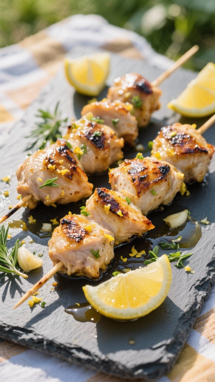 A 45-degree close-up of chilled lemon-herb chicken thigh skewers on a slate platter, glossy from olive oil and lemon juice, with visible lemon zest, charred edges, flecks of minced garlic, Dijon mustard sheen, and a light honey glaze; garnished with lemon wedges and fresh herbs, set on a sunlit picnic cloth, no people.