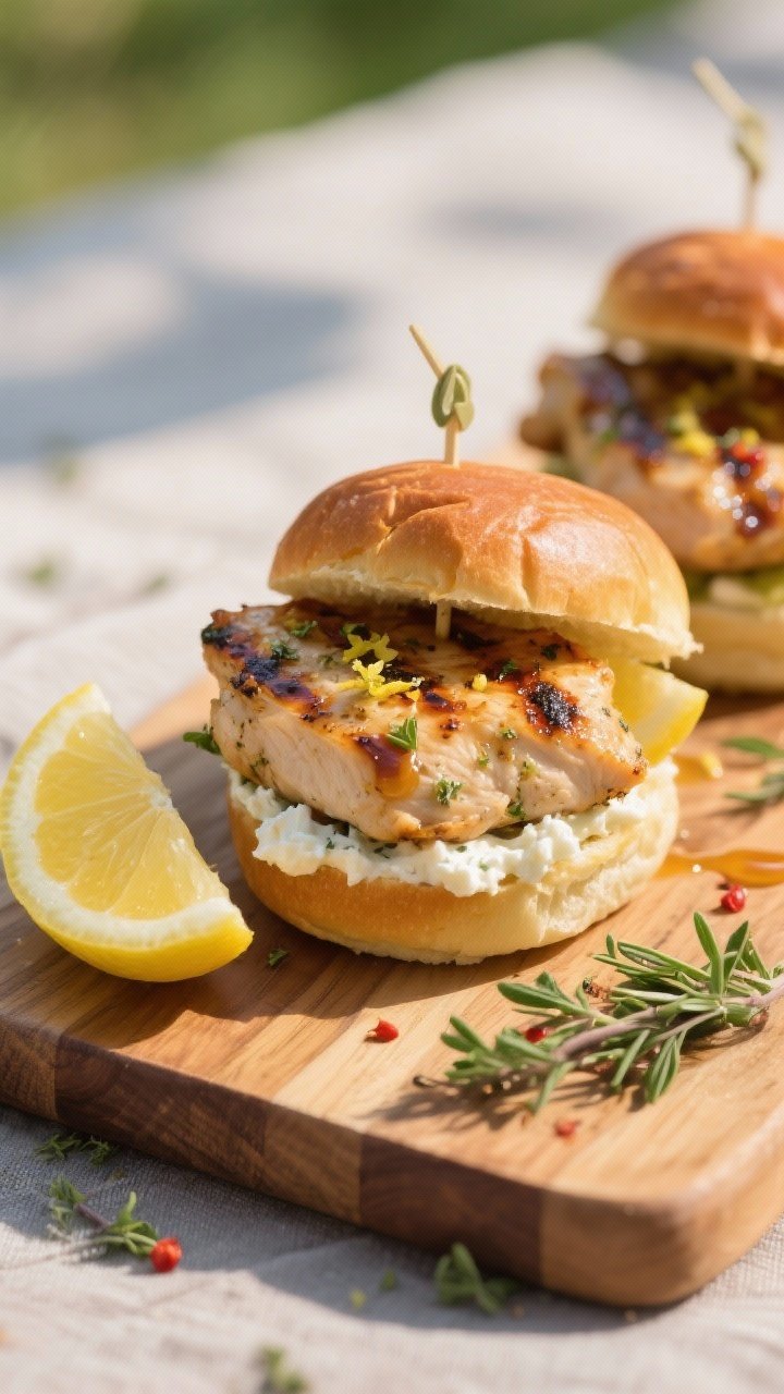A 45-degree close-up of lemon-herb chicken picnic sliders on a wooden board: juicy boneless chicken thighs grilled with olive oil, lemon zest and juice, minced garlic, honey, Dijon, dried oregano, and crushed red pepper, layered onto mini brioche buns with a generous smear of whipped feta; garnish with lemon wedges and fresh oregano, glossy drizzle hints on the chicken, shallow depth of field, warm natural picnic light.