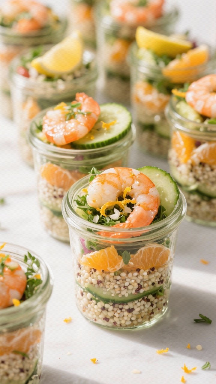 A 45-degree layered salad jar lineup featuring herbaceous quinoa and citrus shrimp: fluffy quinoa at the base, marinated shrimp glistening with olive oil, orange zest and juice, lemon juice, and grated garlic; flecks of fresh herbs visible; citrus segments and thin cucumber slices tucked in between layers; bright, zesty color palette with natural daylight.