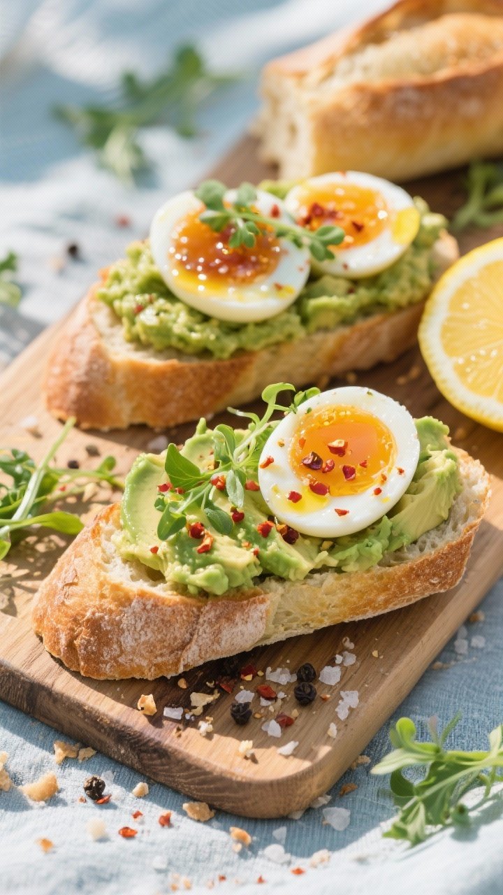 A 45-degree picnic board scene of smashed avocado and soft-boiled egg baguettes: crusty baguette halves topped with lemon-kissed avocado, jammy-centered eggs, a drizzle of olive oil, chili flakes/Aleppo pepper, salt and black pepper, and a scatter of microgreens or arugula; crumbs on the board, citrus wedge off to the side, bright, fresh styling.