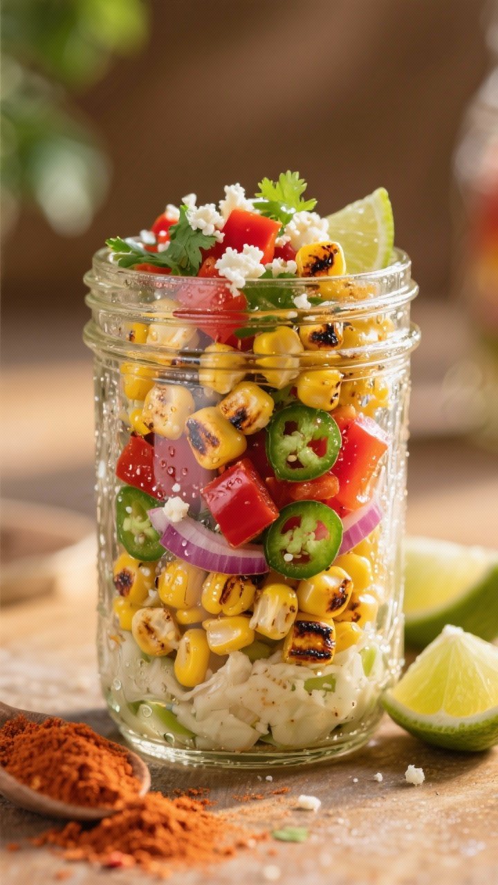 A 45-degree shot of chili-lime grilled corn salad layered in clear mason jars: charred corn kernels, diced red bell pepper, minced red onion, optional jalapeño, chopped cilantro, crumbled cotija, all glistening with chili-lime dressing; lime wedges and chili powder nearby; golden hour light, condensation on jars.