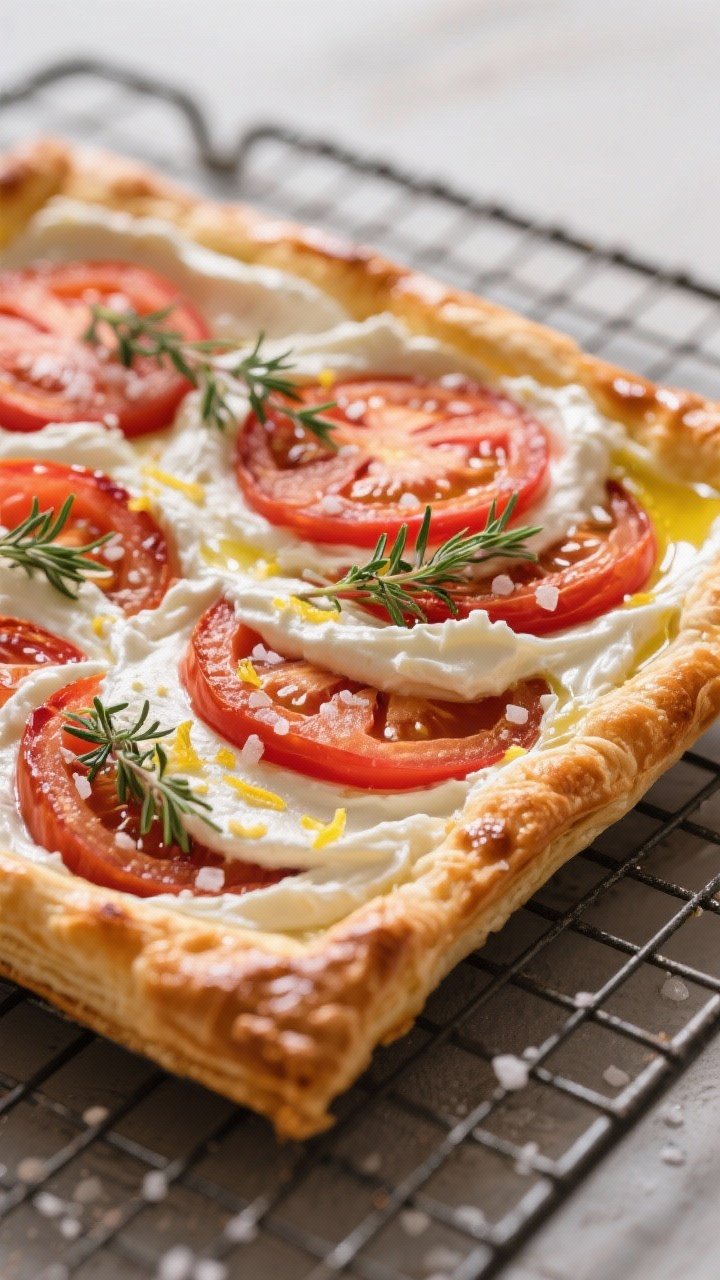A 45-degree shot of Twilight Tomato Tart with Whipped Ricotta & Thyme: puff pastry sheet baked until puffed and golden, topped with a smooth whipped ricotta-cream cheese mixture flavored with olive oil, grated garlic, lemon zest, salt, and pepper, layered with concentric slices of ripe tomatoes and sprigs of fresh thyme; edges brushed with olive oil for shine, light flakes of sea salt glinting, served on a cooling rack.
