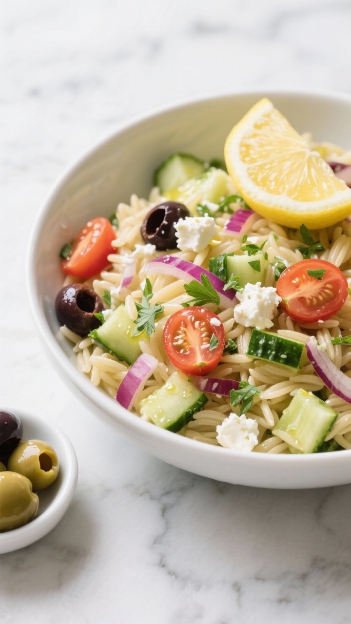A bright 45-degree angle bowl shot of Lemon-Herb Orzo Salad that looks deli-fresh: tender orzo folded with diced English cucumber, halved cherry tomatoes, sliced Kalamata olives, finely chopped red onion, crumbled feta, and chopped parsley; olive oil sheen and lemony highlights; served in a wide white ceramic bowl on a cool marble surface, with a lemon wedge and a small dish of olives nearby.