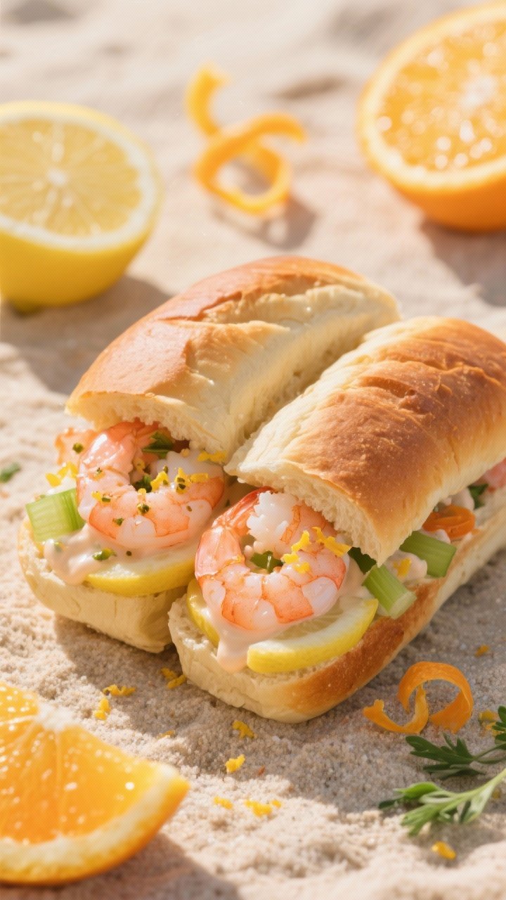 A bright 45-degree shot of citrus shrimp rolls on toasted split-top buns, packed with pink shrimp in a lemon–orange mayo with Dijon, specks of lemon and orange zest, finely diced celery, and fresh herbs, set on a sunlit sandy backdrop with lemon and orange halves and zest curls; soft natural light, shallow depth of field, crisp textures, no people.