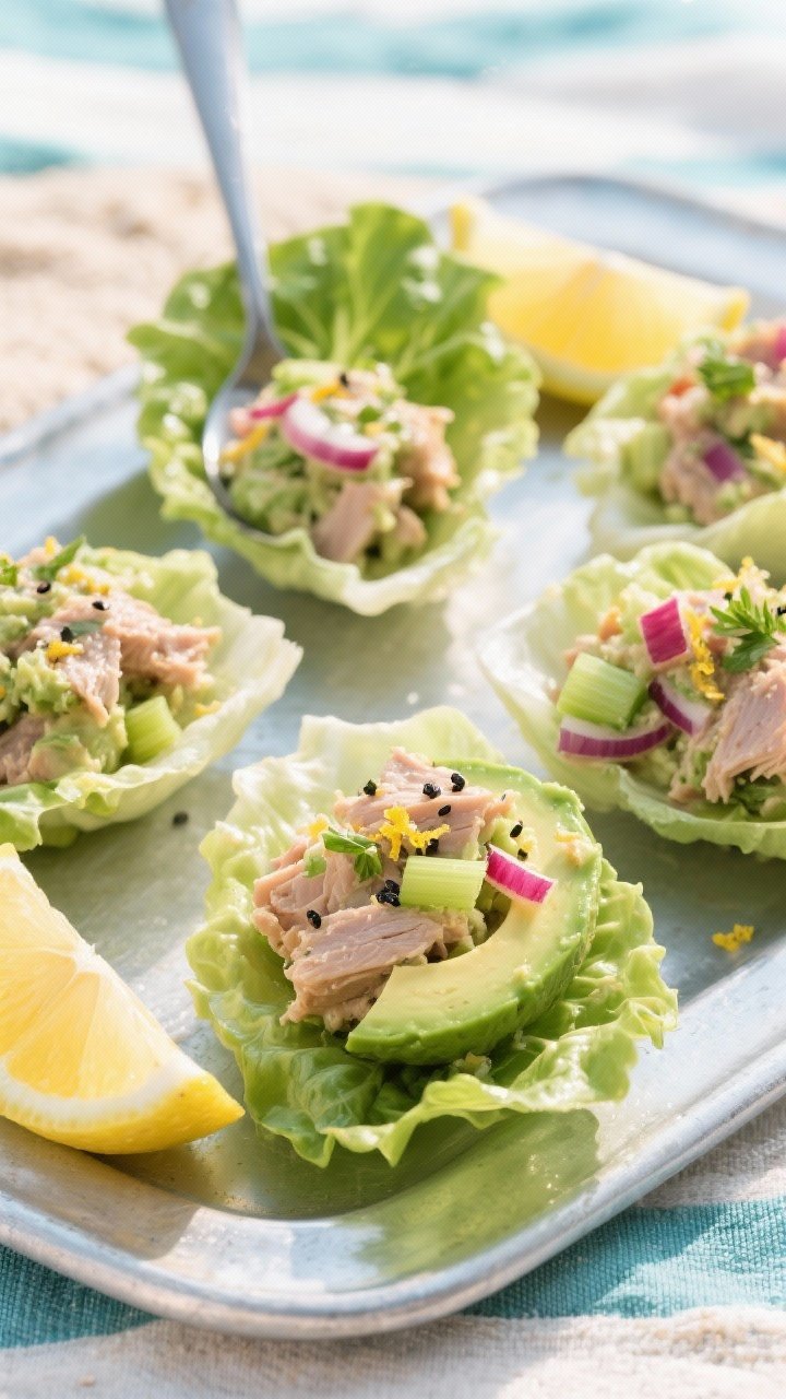 A clean overhead shot of zesty avocado tuna salad spooned into crisp lettuce cups: tuna in olive oil mashed with ripe avocado, lemon juice, Dijon, finely chopped red onion, chopped celery, and fresh herbs; garnished with black pepper and lemon zest, arranged on a chilled platter with lemon wedges; bright, fresh, beach-picnic vibe.