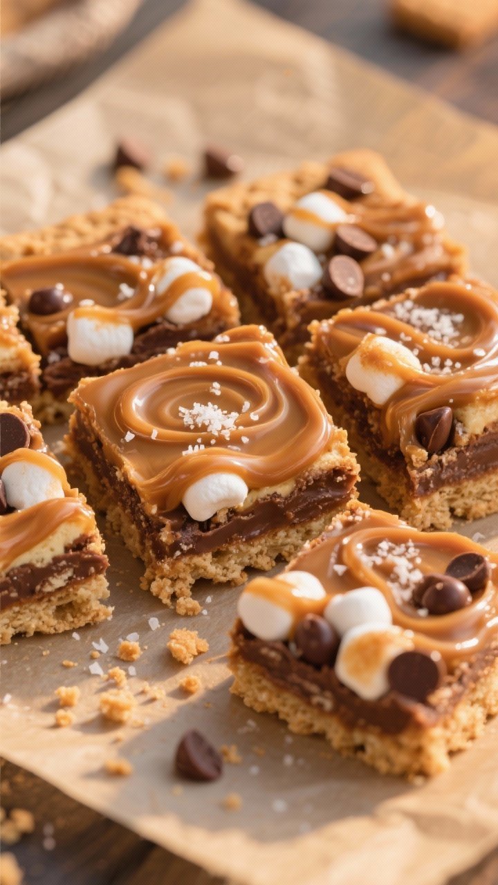 A close-up 45-degree shot of salted caramel s’mores bars cut into neat squares: graham cracker crust with buttery sheen and brown sugar, layers of semisweet chocolate chips and gooey mini marshmallows, thick caramel swirls with flaky salt on top; a few crumbs and a drizzle of caramel on parchment; warm, indulgent mood for sunset.