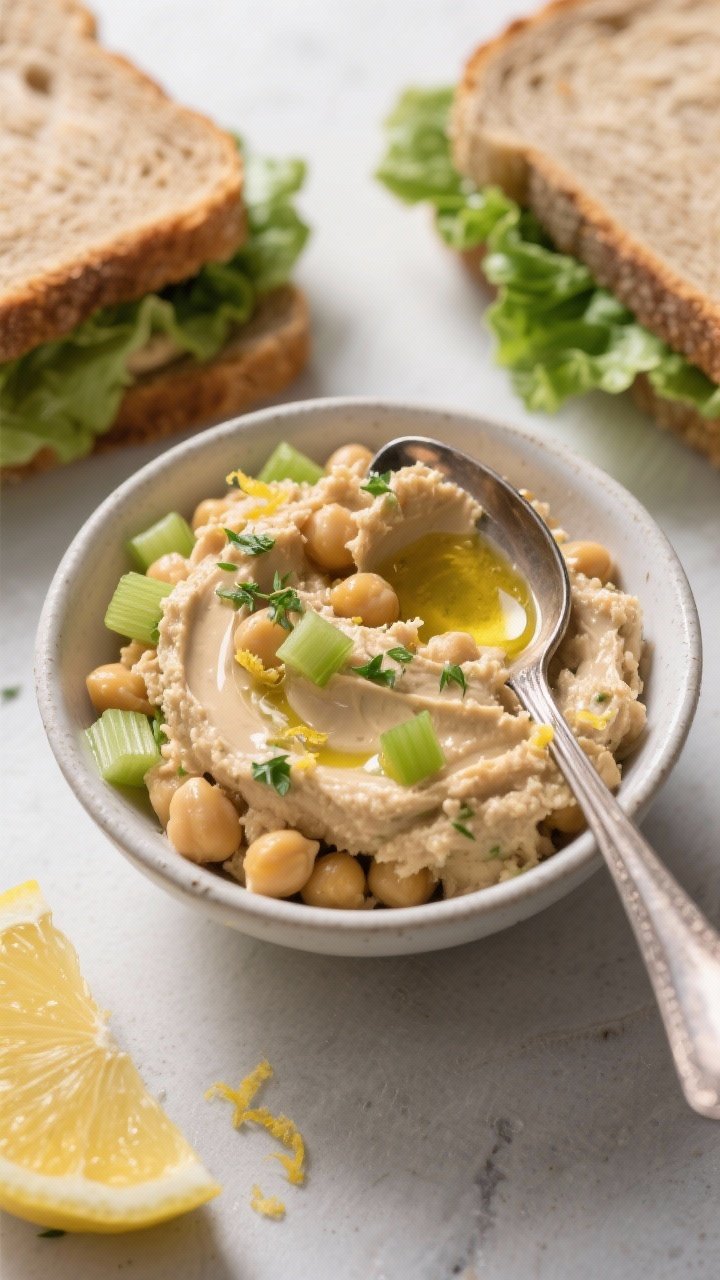 A close-up of canyon-ready chickpea smash sandwich filling in a bowl: mashed chickpeas folded with tahini, lemon juice and zest, olive oil, Dijon mustard, finely diced celery and herbs; visible creamy-chunky texture with flecks of green; spoon poised beside whole-grain bread slices and crisp lettuce leaves ready for assembly; cool natural light.