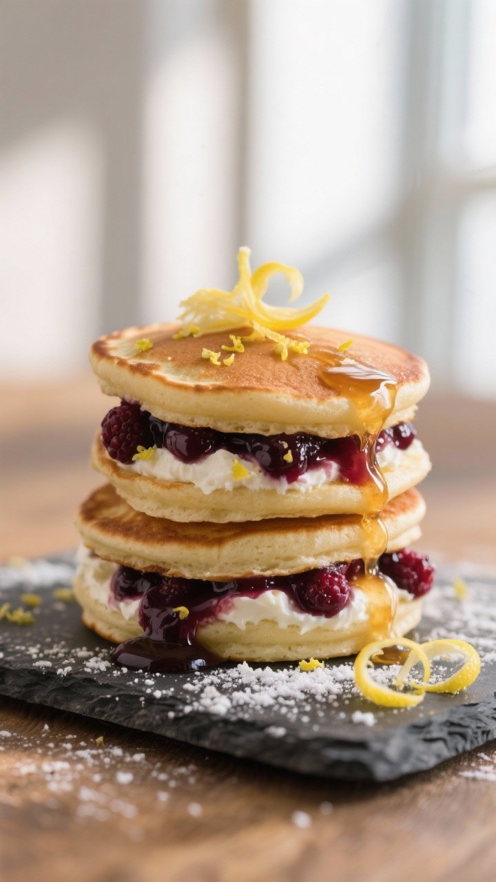 A close-up of lemon ricotta pancake sandwiches stacked on a slate board: mini pancakes layered with lemon-zested ricotta mixed with honey and vanilla, a glossy berry compote dripping from the edges; micro splatters of compote around, powdered sugar dust, and lemon zest curls; warm, soft window light emphasizing fluffy texture and syrupy sheen.