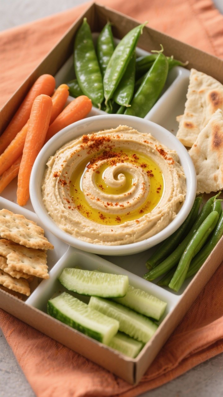 A composed overhead hummus board in a box: creamy classic hummus swirled with olive oil and dusted with smoked paprika, surrounded by baby carrots, blanched snap peas/green beans, cucumber spears, and pita wedges/crackers; tidy compartments, warm sunset-toned napkin; clean, appetizing dip texture with glossy oil highlights.