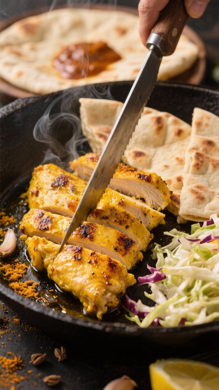 A dynamic 45-degree action shot of golden turmeric chicken being sliced for pitas: char-kissed boneless thighs marinated with olive oil, lemon, grated garlic, ground turmeric, cumin, and smoked paprika; alongside warm pita pockets, crunchy slaw components, and a smear of sauce; warm tones, cast-iron pan in frame, steam visible.