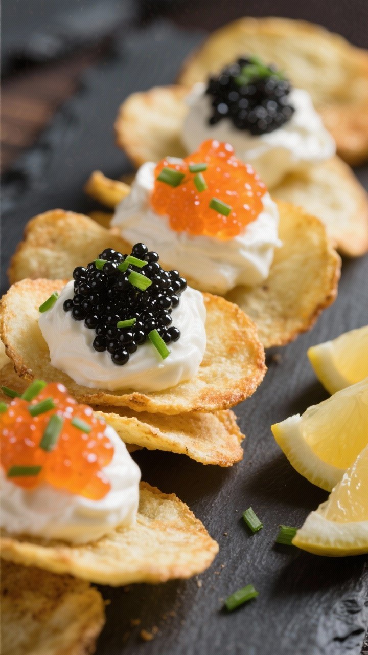 A macro close-up of caviar potato chips: thick-cut kettle chips topped with chilled dollops of crème fraîche, glossy black sturgeon caviar and orange trout roe, and finely snipped chives; a few lemon wedges to the side, shallow depth of field emphasizing the crisp texture and luxurious toppings on a slate board.