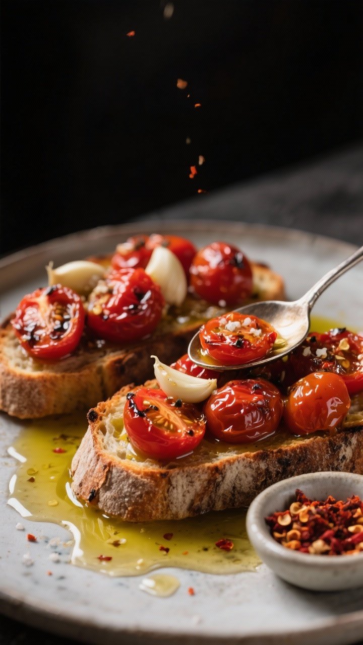 A moody 45-degree close-up of garlicky tomato confit toasts: cherry tomatoes slow-cooked in extra-virgin olive oil with smashed garlic, kosher salt, and crushed red pepper flakes, spooned over grilled rustic bread slices; oil pooling slightly, blistered tomato skins glistening, garlic cloves nestled among tomatoes; a small dish of pepper flakes in frame.