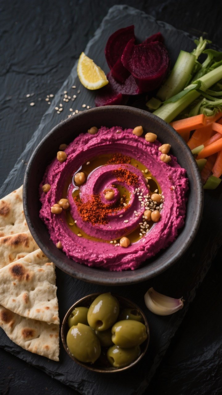 A moody overhead mezze board featuring Moonlit Mezze with Smoky Beet Hummus: a central bowl of vivid magenta hummus made from chickpeas (with a splash of reserved liquid), roasted beet, tahini, lemon juice, garlic, salt, and smoked paprika; swirled top with olive oil puddles and a sprinkle of smoked paprika and sesame; surrounded by pita wedges, crunchy veggies, and olives for dipping, dark slate backdrop for contrast.