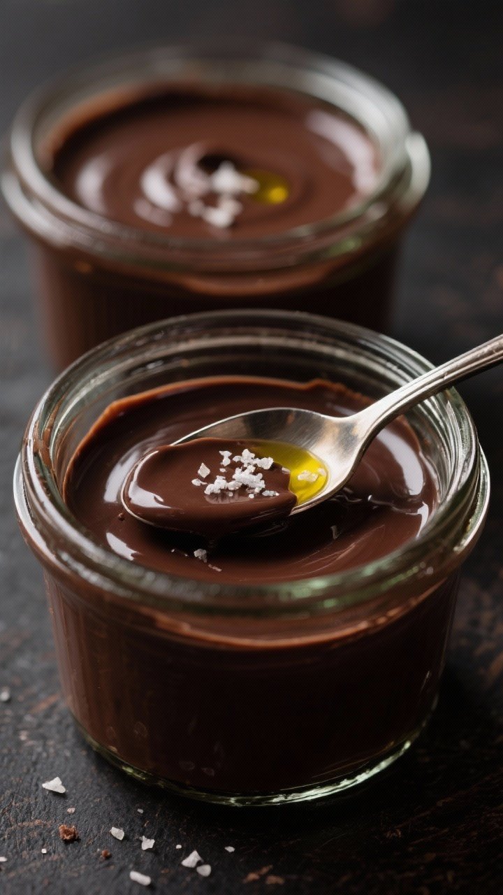 A moody straight-on close-up of dark chocolate pot de crème in small glass jars: ultra-smooth 60–70% chocolate custard with a glossy surface, finished with a few drops of good extra-virgin olive oil and a pinch of flaky sea salt; spoon marks showing silky texture, warm light highlighting rich cocoa tones.
