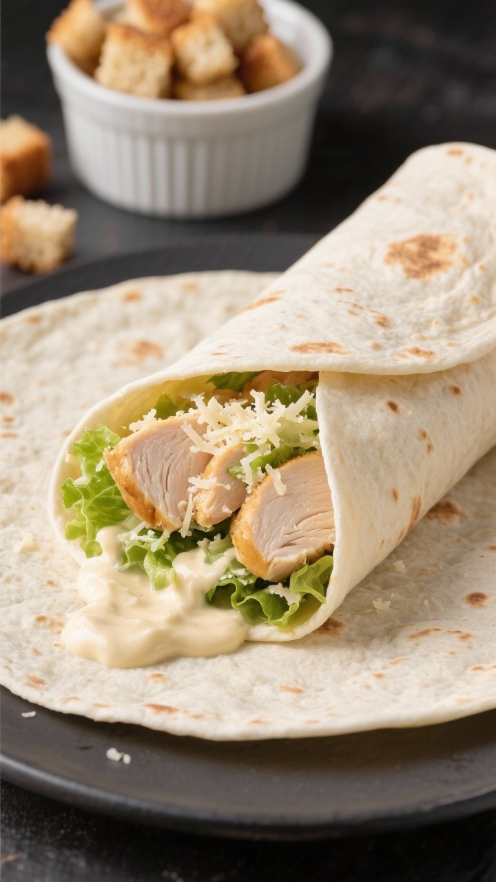 A straight-on assembly shot of chicken Caesar wraps: large flour tortillas filled with sliced cooked chicken breast, very dry chopped romaine, grated Parmesan, and a drizzle of creamy Caesar dressing (mayo-based), with croutons shown in a separate ramekin for crunch insurance; tight roll in progress; clean, appetizing textures.