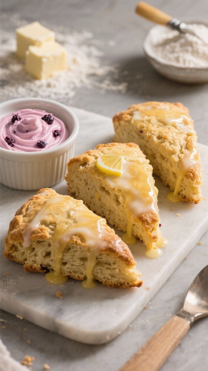 A straight-on bakery-style display of sunrise scones: golden triangular scones with craggy tops, a thin glossy lemon glaze dripping down, and a ramekin of quick berry butter (swirled pink-purple with visible berry flecks); ingredients hinted in background (flour dusting, cold butter cubes, cream brush); soft, diffused morning light highlighting crumb and glaze.