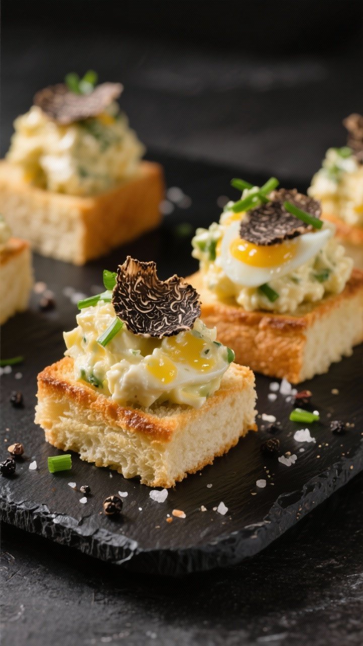 A straight-on canapé close-up: neat buttered brioche squares piled with silky black truffle egg salad (mayonnaise, Dijon, white wine vinegar, chives, truffle paste), finished with a crack of black pepper and sea salt; the glossy brioche crumb and creamy texture prominent on a matte black serving board.