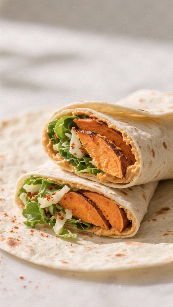 A straight-on close-up of a sliced smoky sweet potato hummus wrap on parchment: tortillas tightly wrapped around creamy sweet potato hummus (roasted sweet potatoes with olive oil, smoked paprika, cumin, kosher salt) and a crunchy slaw of baby greens; vibrant orange hue against crisp greens, visible paprika specks, tidy cross-sections showing layers, soft window light.