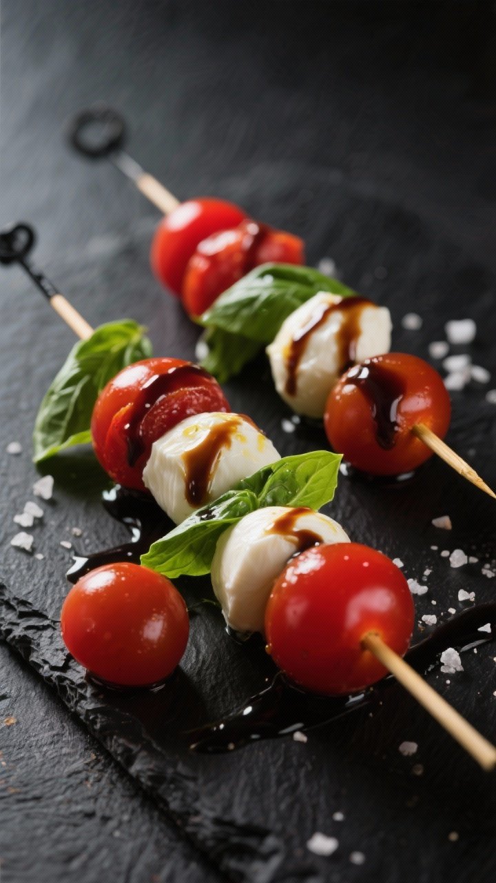A straight-on close-up of caprese skewers: alternating cherry tomatoes, glossy ciliegine mozzarella balls, and fresh basil leaves on mini picks, lightly coated with extra-virgin olive oil and finished with a dramatic balsamic glaze drizzle and a pinch of flaky salt; black slate backdrop to pop colors, moody side light.