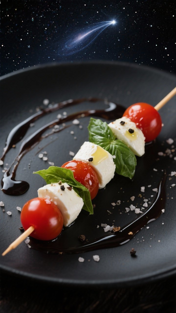 A straight-on close-up of Night-Sky Caprese Skewers: wooden picks threaded with cherry tomatoes, ciliegine mozzarella, and fresh basil leaves, lightly glossed with extra-virgin olive oil and sprinkled with kosher salt and black pepper; a thick balsamic “comet” drizzle swooshed across a matte black plate behind the skewers, creating a night-sky vibe, sharp focus on the shine of the tomatoes and milky mozzarella.