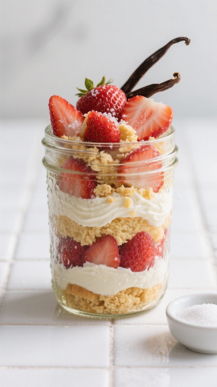 A straight-on, layered mason jar dessert of strawberry shortcake: macerated strawberries with sugar and lemon juice, crumbled tender shortcake biscuits (golden, buttery), and soft vanilla cream piped in distinct layers; condensation on the jar, extra strawberry slices on top, subtle vanilla bean specks visible, set on a white tile surface with a small bowl of sugar nearby.
