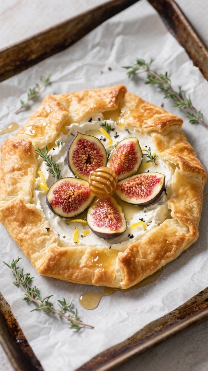 A straight-on plated shot of an herbed goat cheese galette: golden, flaky all-butter puff pastry folded rustically around a filling of whipped goat cheese and cream cheese with thyme, lemon zest, and black pepper; topped with halved fresh figs, honey drizzled over and pooling slightly, thyme sprigs scattered, on a parchment-lined baking tray.