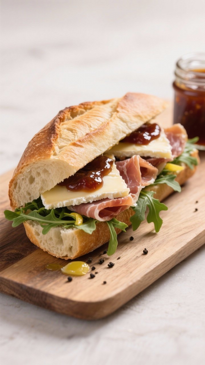 A straight-on sandwich portrait of a jammy prosciutto and brie baguette: crusty baguette split and layered with triple-cream brie slices, ribbons of prosciutto, a glossy swipe of fig jam, peppery arugula lightly tossed with olive oil and lemon juice, and freshly cracked black pepper; clean cross-section showing oozing brie and jam, set on a wooden board with a small jar of fig jam beside.