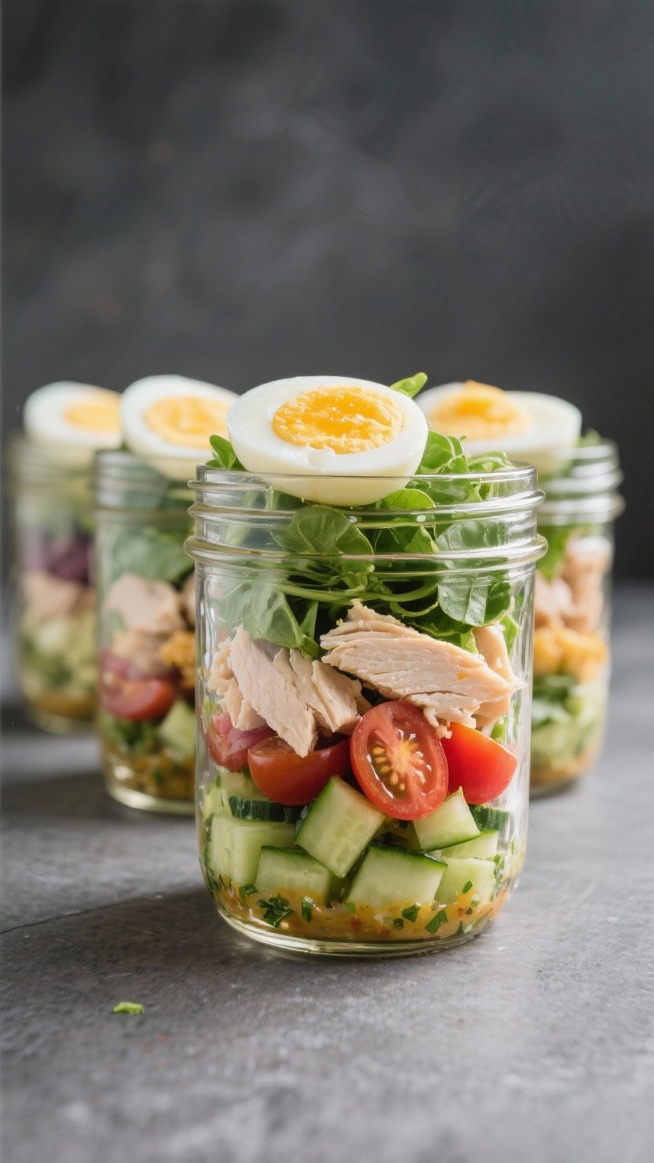 A straight-on shot of Canyon Cobb jar salads lined up: wide-mouth quart jars layered from bottom up with zesty herb dressing, diced cucumber, cherry tomato halves, chopped romaine and baby spinach mix, chopped cooked chicken breast, and hard-boiled egg quarters on top; bright, clear glass showcasing color separation; minimal props, slate backdrop, professional studio lighting.