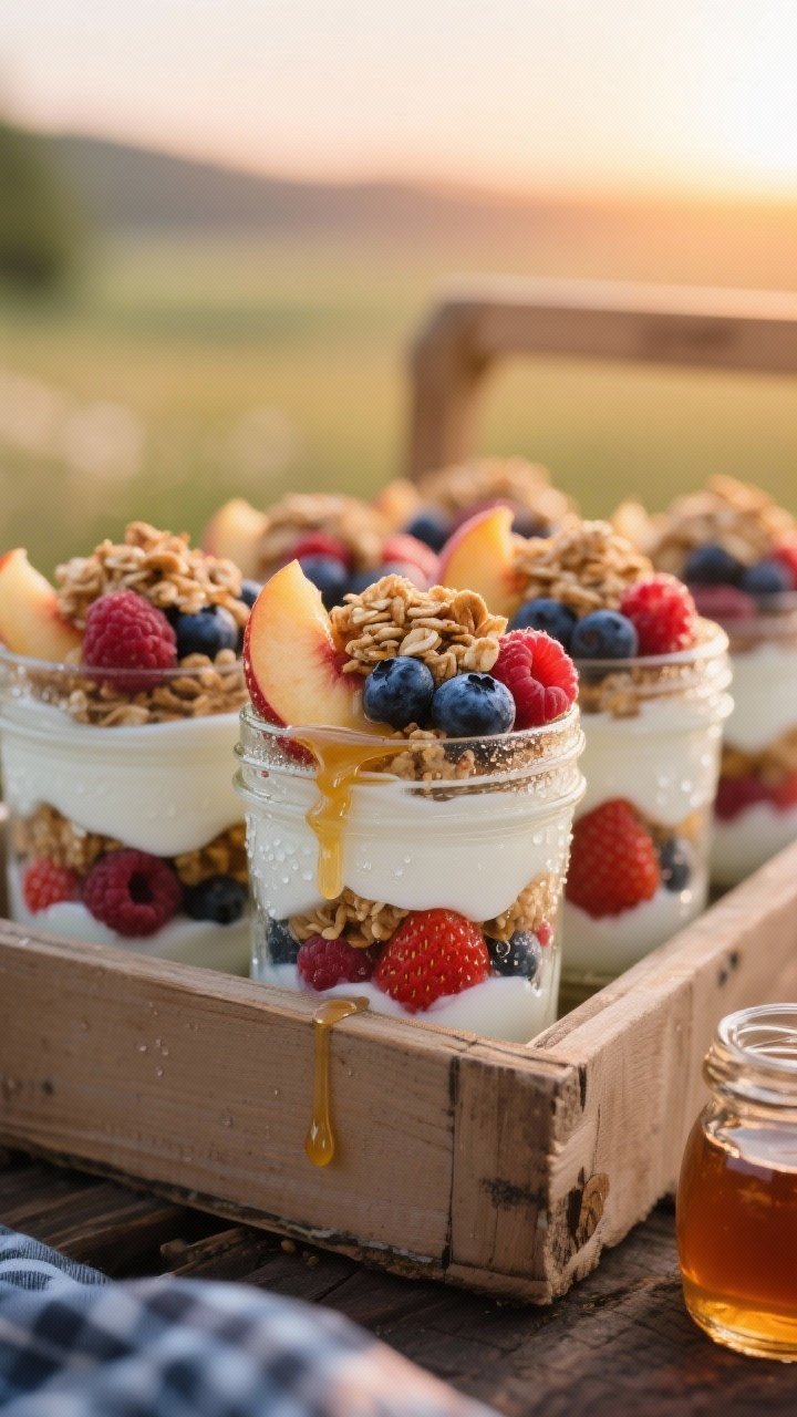 A straight-on shot of sunrise yogurt parfait jars lined up in a picnic crate: layers of Greek yogurt lightly sweetened with honey, vanilla, mixed berries (strawberries, blueberries, raspberries), and sliced ripe peach, topped with a crunchy granola crown; condensation on the glass, honey drips on the rim, and a small jar of maple syrup nearby; soft warm dawn light with shallow depth of field.