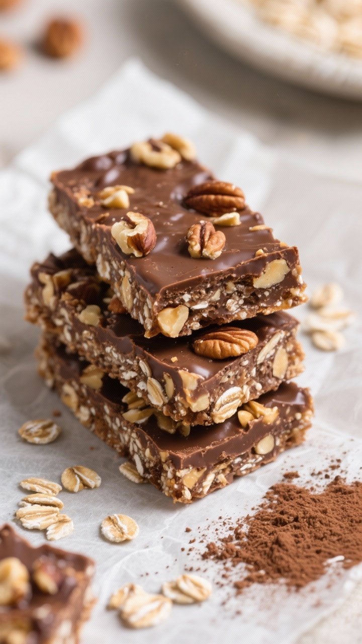 A straight-on, tight close-up of no-melt chocolate oat energy bars: dense, sliceable bars packed with rolled oats, cocoa powder, chopped roasted nuts, and nut butter, with a subtle honey/maple sheen; clean cut edges showing chewy texture and nut pieces; stacked on parchment with a few oats and cocoa dust scattered.