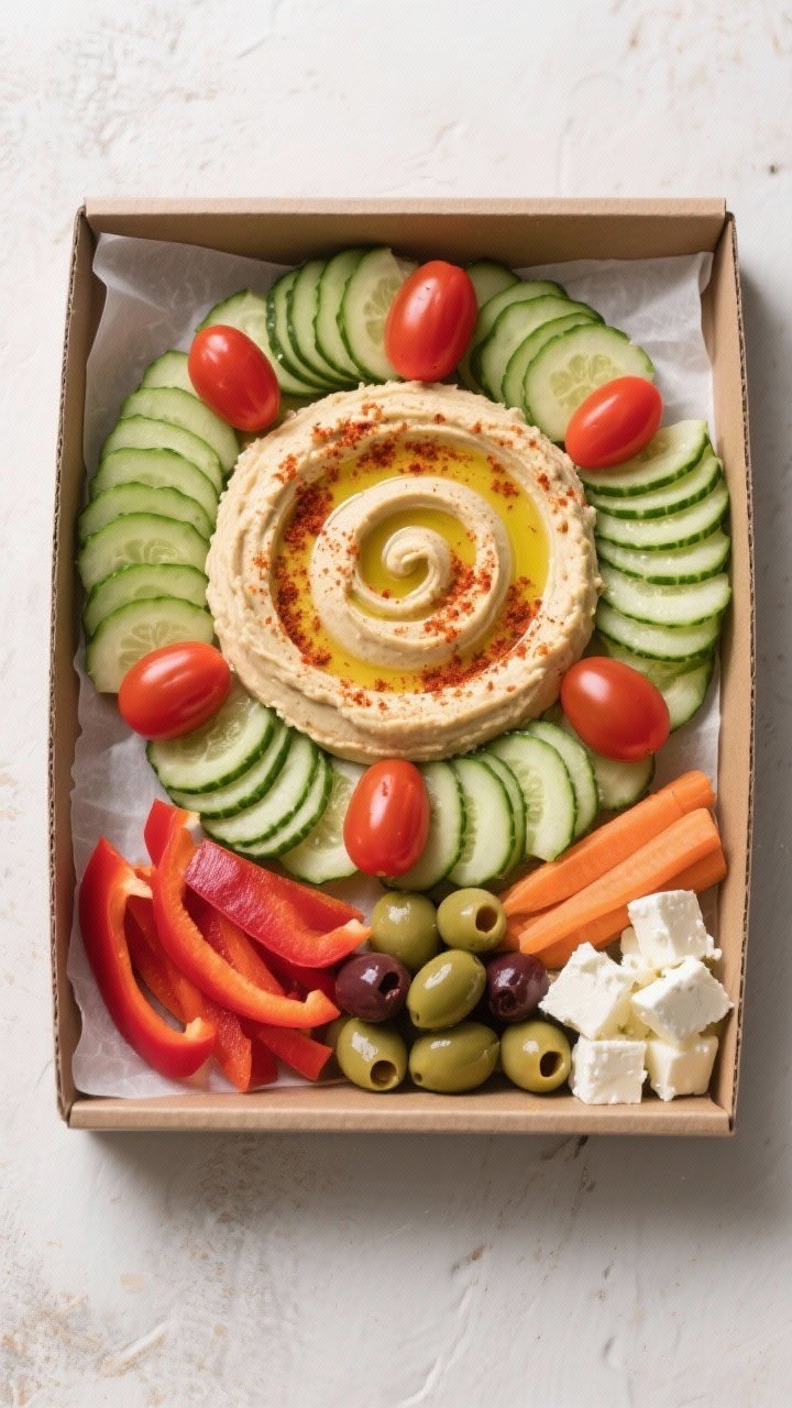 A styled board-in-a-box overhead: creamy hummus swirls topped with olive oil and paprika, ringed by neat rows of sliced English cucumber, cherry tomatoes, baby carrots, red bell pepper strips, a small pile of olives, and optional feta cubes; enclosed in a portable box with parchment dividers; crisp textures, vibrant produce, natural light.