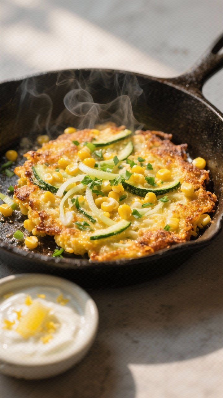 Action close-up at 45 degrees of sunny sweet corn and zucchini fritters sizzling in a cast-iron skillet: visible grated zucchini threads, golden corn kernels, scallions, and flecks of parsley and chives; edges crisping to deep gold; a small bowl of lemon yogurt sauce with lemon zest beside the pan; warm, directional light emphasizing crunchy texture and steam.