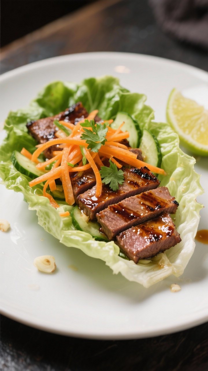 Action-inspired plated scene, straight-on: grilled flank/skirt steak slices glazed from a soy, fish sauce, brown sugar, lime, garlic, and ginger marinade, nestled in crisp lettuce cups; topped with pickled shredded carrots and cucumbers, fresh herbs and a lime wedge on the side; glossy, char-marked meat contrasted with fresh crunch.
