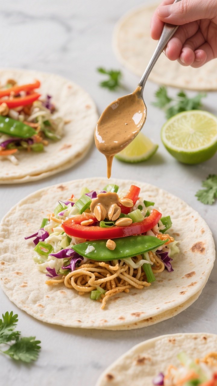 Action-oriented 45-degree shot of assembling peanut-lime rainbow slaw wraps: flour tortillas laid out with a mound of coleslaw mix, thin red bell pepper, sliced snap peas, green onions, and crunchy fried noodles; a glossy peanut-lime sauce being spooned over, lime wedges and fresh cilantro scattered.