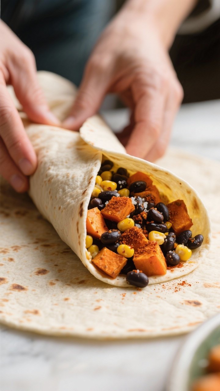 Action-oriented 45-degree shot of Summit-Ready Sweet Potato, Black Bean, and Corn Burritos being wrapped: roasted diced sweet potatoes seasoned with chili powder, cumin, smoked paprika, and salt; black beans and corn kernels spooned onto a warm tortilla, a tight roll in progress; a finished burrito cut at an angle showing vivid orange, black, and yellow layers; soft natural light and a travel-friendly feel.