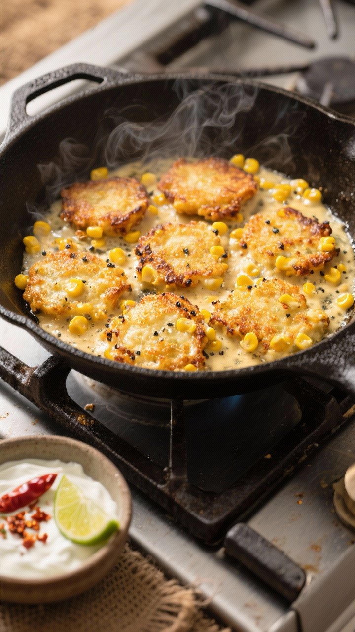 Action shot at stovetop: Sweet Corn Fritters sizzling in a cast-iron skillet, batter studded with golden corn kernels, flecks of black pepper and chili; nearby bowl of chili-lime yogurt sauce with lime wedge and chili flakes; overhead composition capturing crisping edges and steam, warm golden tones, rustic picnic vibe.