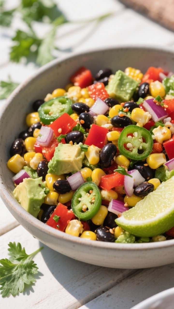 An overhead bowl shot of chili-lime corn and black bean salad: bright mix of corn kernels, black beans, diced red bell pepper, finely diced red onion, minced jalapeño, and creamy avocado cubes tossed in a lime-chili dressing; lime wedges and cilantro scattered around, vibrant contrasting colors, matte ceramic bowl on a sunlit outdoor table.