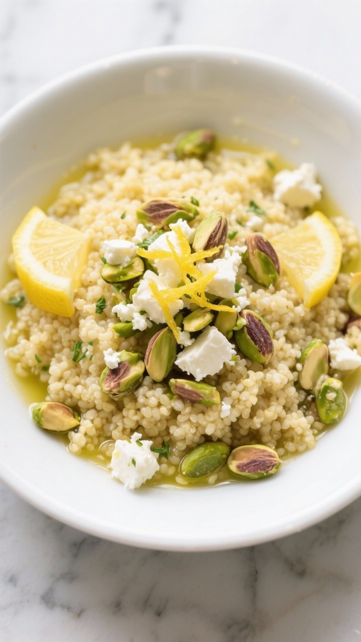 An overhead bowl shot of Lunar Lemon-Herb Couscous with Feta & Pistachios: fluffy couscous steamed with hot broth and extra-virgin olive oil, seasoned with kosher salt, lemon zest and juice, ground cumin, and a hint of pepper; topped with crumbled feta and chopped pistachios for crunch; bright yellow tones from lemon zest, green pistachio pops, served in a white ceramic bowl on a cool marble surface for crisp contrast.