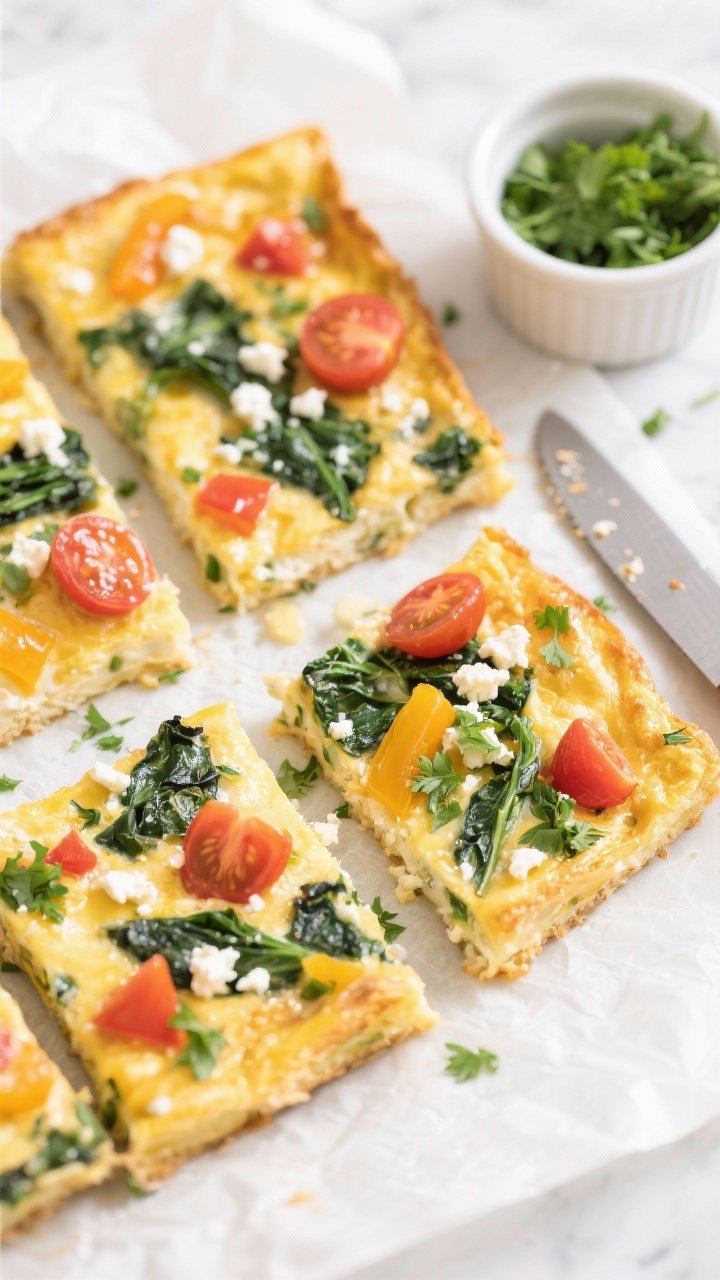 An overhead cut-shot of savory frittata squares on parchment: golden egg base enriched with milk, dotted with chopped baby spinach, halved cherry tomatoes, diced bell pepper, and crumbled feta; sprinkled with chopped fresh parsley; a small container of herby greens on the side for serving; clean knife with a few crumbs, bright, crisp color rendering.