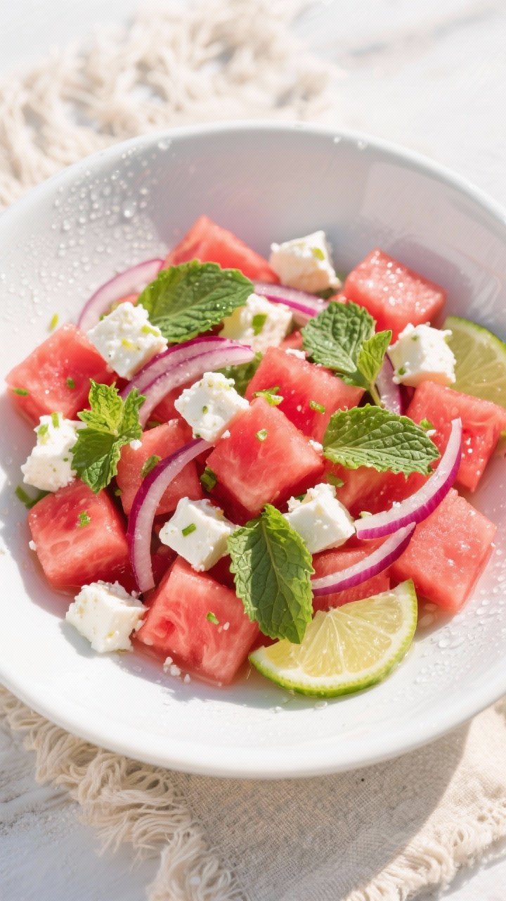 An overhead flat lay of a chilled watermelon, feta, and mint salad in a wide white bowl: juicy 1-inch watermelon cubes, small feta cubes, thin ribbons of red onion, torn mint leaves, glistening with lime zest and juice; ice condensation on the bowl, beachy linen beneath, vibrant reds, whites, greens; clean, high-key styling.