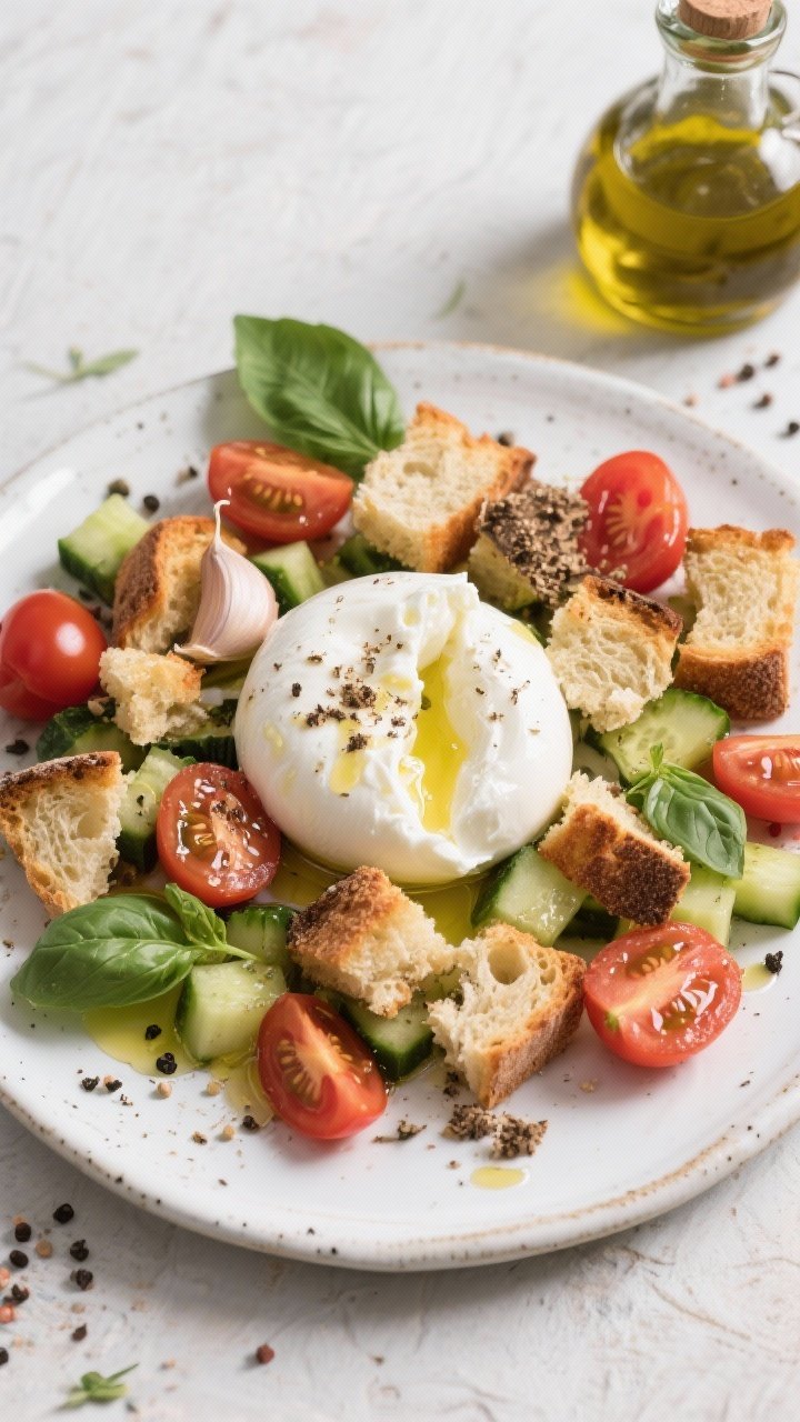 An overhead flat lay of truffle burrata and cherry tomato panzanella: torn day-old ciabatta croutons glistening with olive oil and a rubbed garlic clove, halved cherry tomatoes, diced English cucumber, and creamy burrata drizzled with truffle oil; scattered fresh basil, cracked pepper, and a small bottle of extra-virgin olive oil on a rustic white ceramic platter.