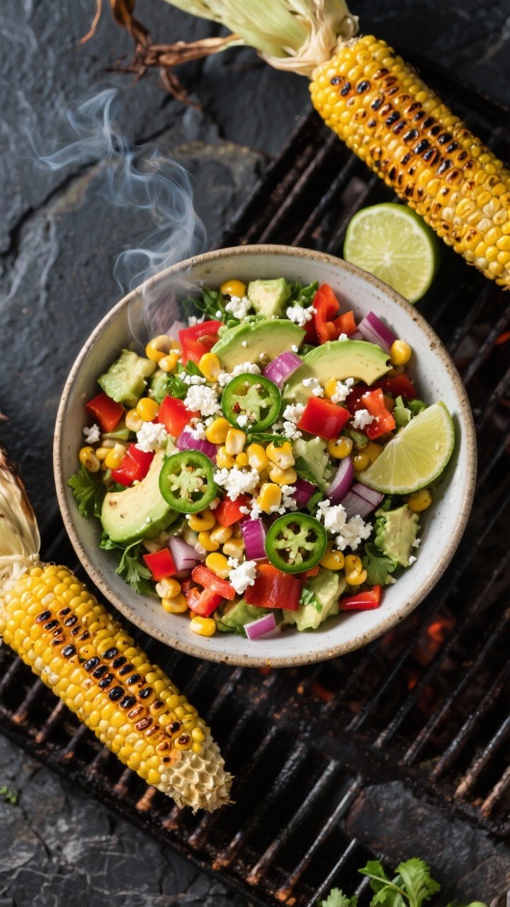 An overhead grill-to-bowl transition shot for smoky corn and avocado salad: charred corn kernels cut from the cob, diced red bell pepper, minced jalapeño, red onion, creamy diced avocado, chopped cilantro, and crumbled cheese (cotija) tossed together; smoke-kissed corn cobs in frame, lime wedges on the side, vibrant colors popping against a dark stone background.