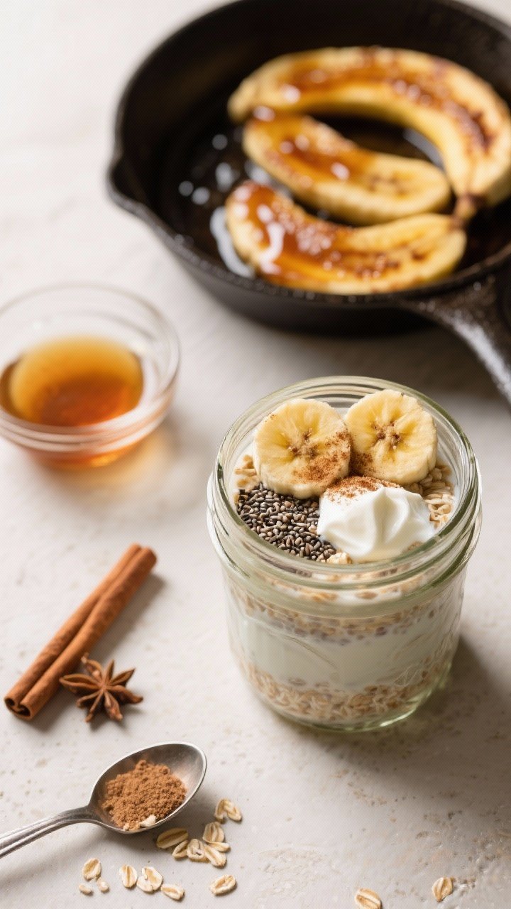 An overhead ingredient-to-finish progression for overnight oats: mason jar with rolled oats, milk, Greek yogurt dollop, chia seeds, maple syrup, cinnamon and cardamom; beside it, a skillet with caramelized banana slices glistening in syrup; a finished jar topped with the bananas and a sprinkle of cinnamon; warm, cozy tones and clean composition.