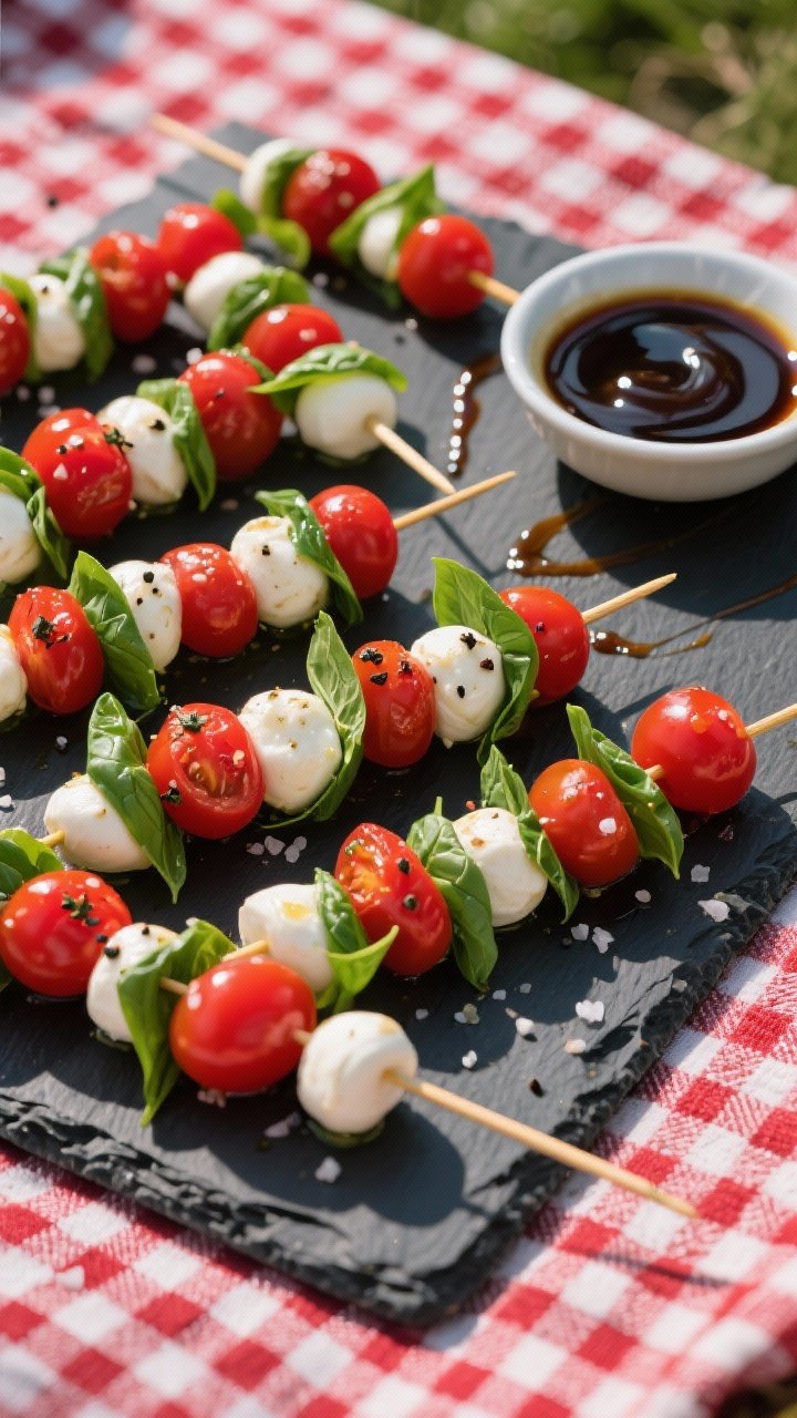 An overhead picnic-ready grid of trailhead Caprese skewers: short skewers threaded with cherry tomatoes, mini mozzarella balls (ciliegine), and fresh basil leaves; lightly glossed with olive oil, speckled with salt and black pepper; a small dish of thick balsamic glaze and a drizzle trail across a slate board; bold red, white, green contrast.